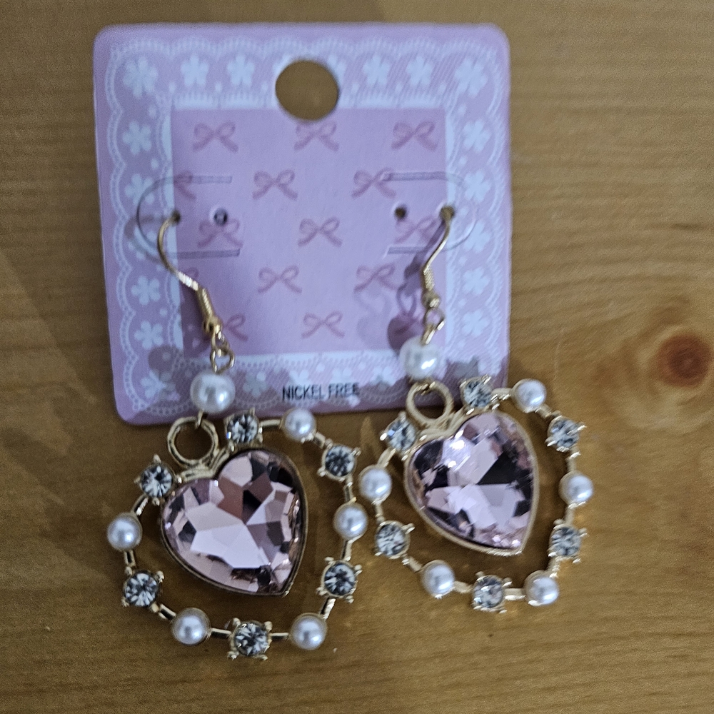 4/$10 Heart Earrings Fashion Gem Pink Ornate Drop NEW Nickel Free